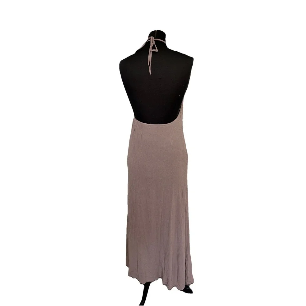 Tobi Sexy Halter Tie Neck Maxi Dress Low Open Back Sz M Tan Lined Textured Boho